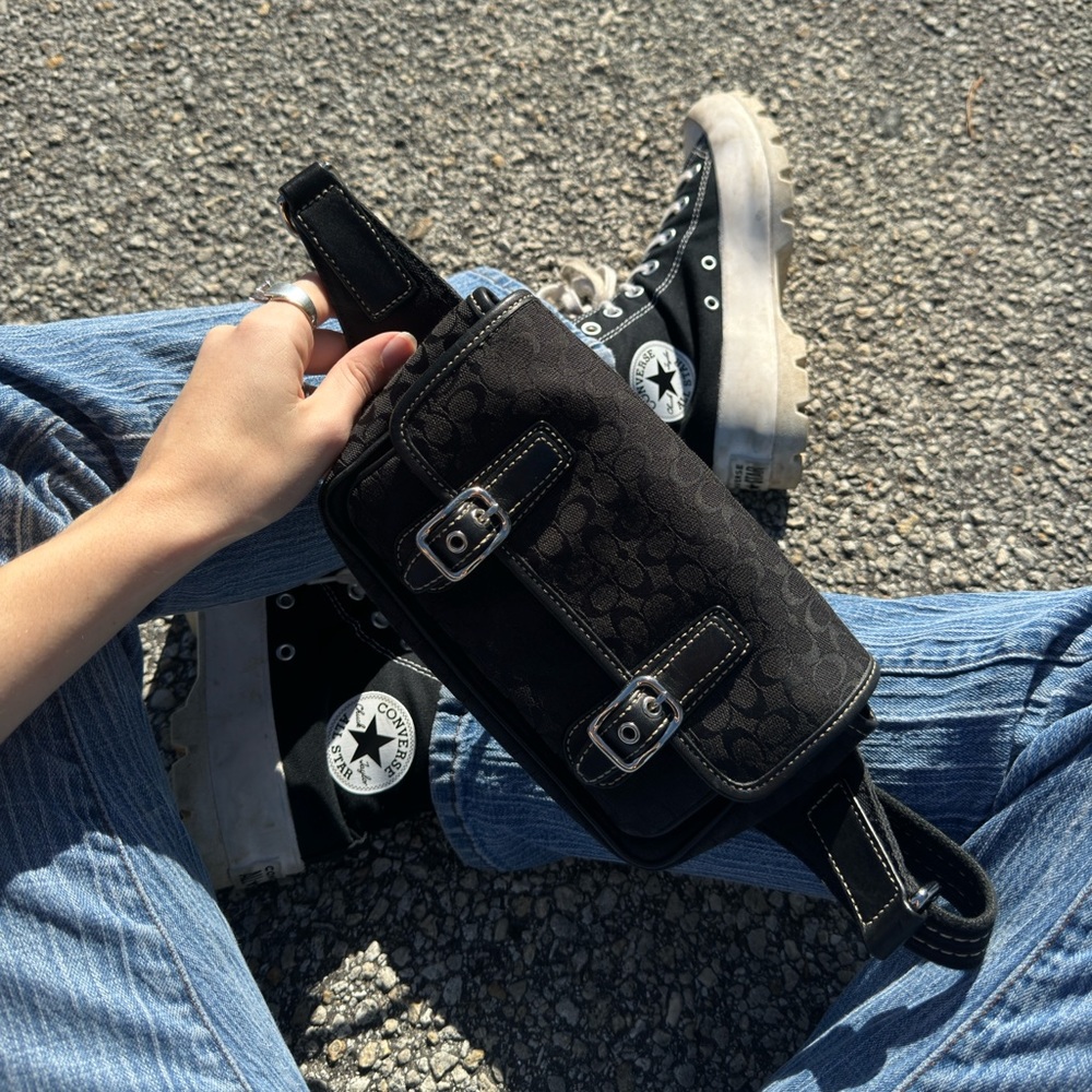 Vintage COACH black signature canvas front flap fanny pack/waist bag